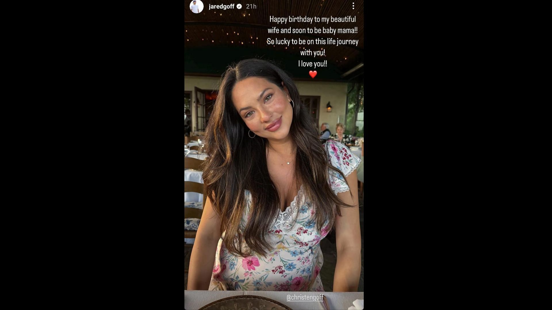 Goff shared a heartfelt message to wife Christen. (Photo via Jared Goff's Instagram Story)
